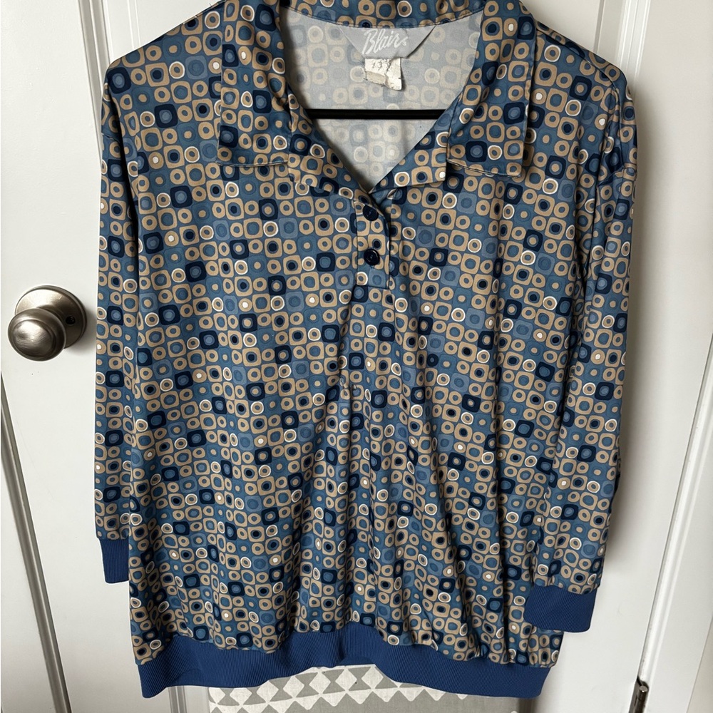 Blair Navy and Tan Circle Pattern Blouse